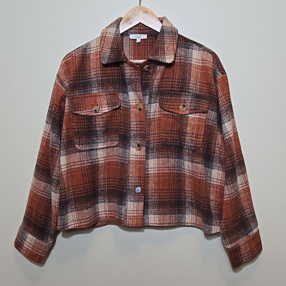 Easel Plaid Flannel Oversized Shacket Boxy Cropped Button‎ Front Jacket Size S
